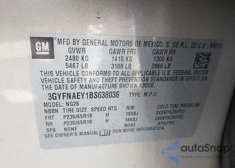 2011 Cadillac Srx Luxury Collection z USA, uszkodzony, nr VIN 3GYFNAEY1BS638036